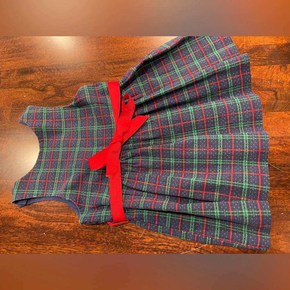 Nursery Rhyme 3T girls blue green‎ plaid jumper dress-red grosgrain bow VTG